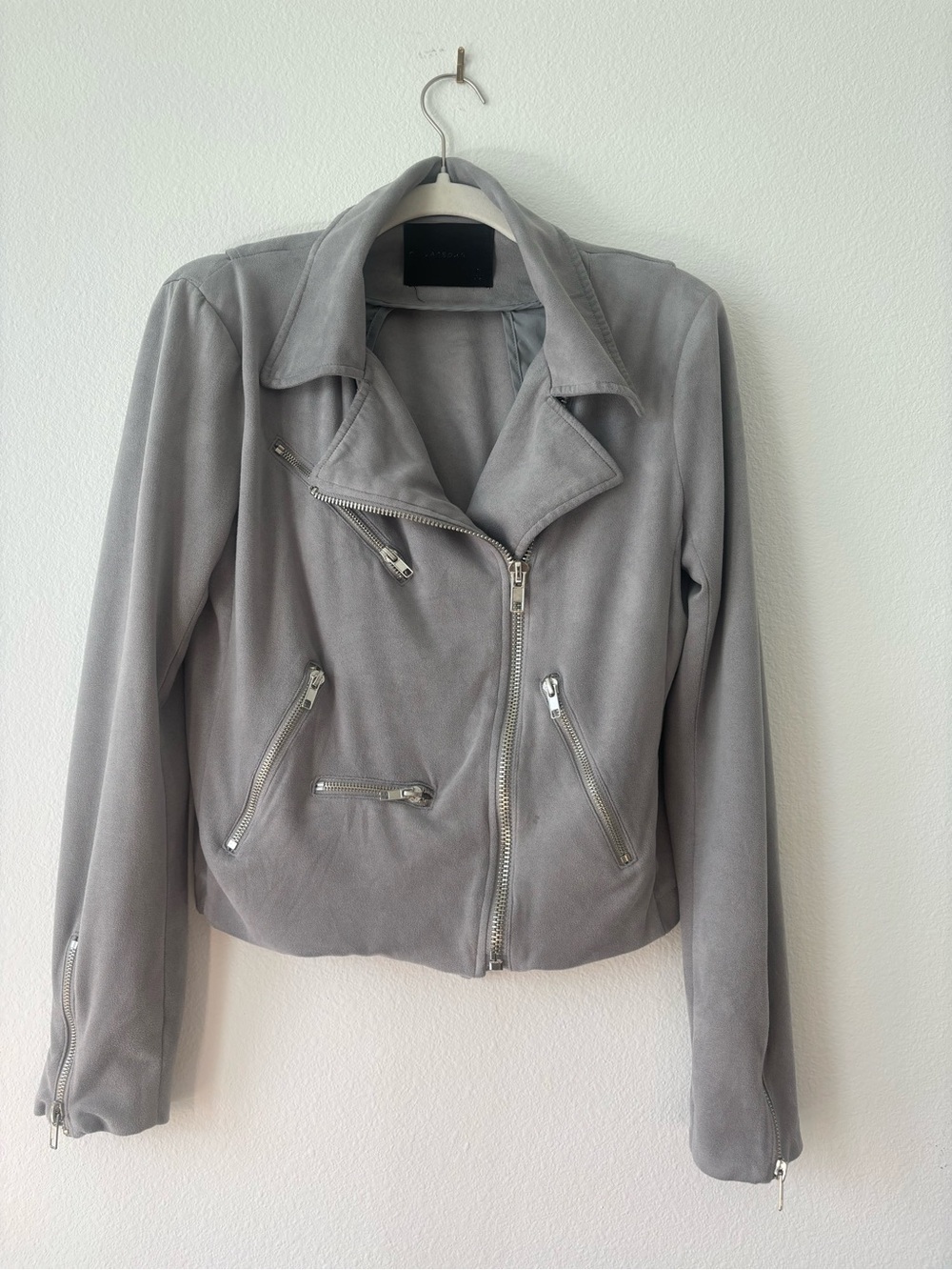 Olivaceous Light Gray Suede-Style Asymmetrical Moto Jacket